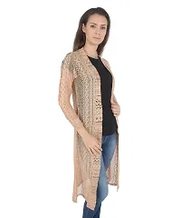 Stylish Net Beige Full Sleeve Long Length Beige Shrug For Women-thumb3