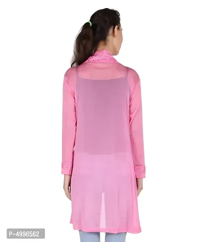 Stylish Net Pink Full Sleeve Thigh Length Pink Shrug For Women-thumb2