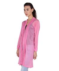 Stylish Net Pink Full Sleeve Thigh Length Pink Shrug For Women-thumb3