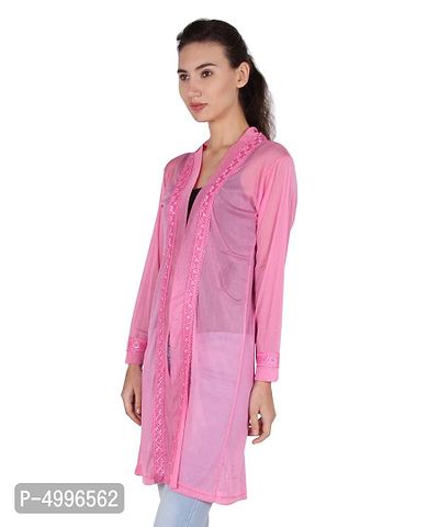 Stylish Net Pink Full Sleeve Thigh Length Pink Shrug For Women-thumb4