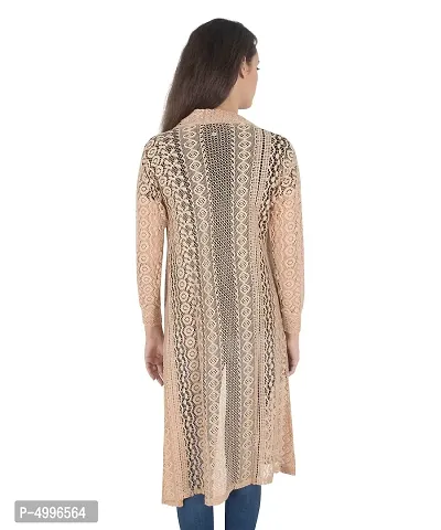Stylish Net Beige Full Sleeve Long Length Beige Shrug For Women-thumb2