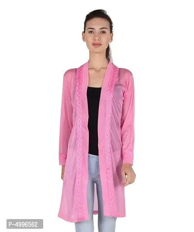 Stylish Net Pink Full Sleeve Thigh Length Pink Shrug For Women-thumb0