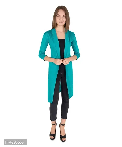 Stylish Viscose Turquoise 3/4Th Sleeve Solid Viscose Thigh Length Shrug For Women