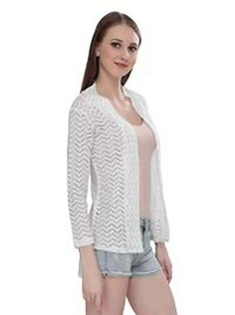 Stylish Net White 3/4Th Sleeve Net High Low White Shrug For Women-thumb2