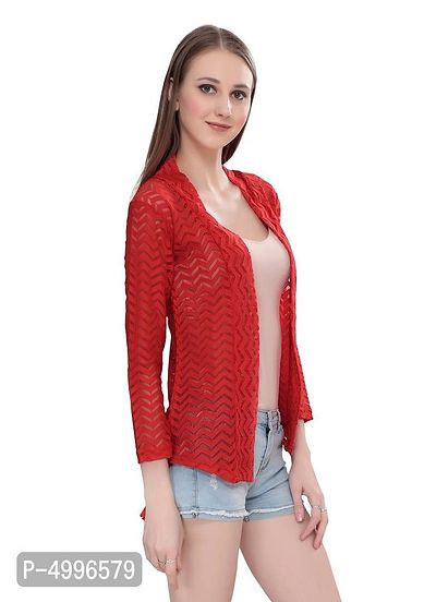 Stylish Net Red 3/4Th Sleeve Net High Low Red Shrug For Women-thumb3