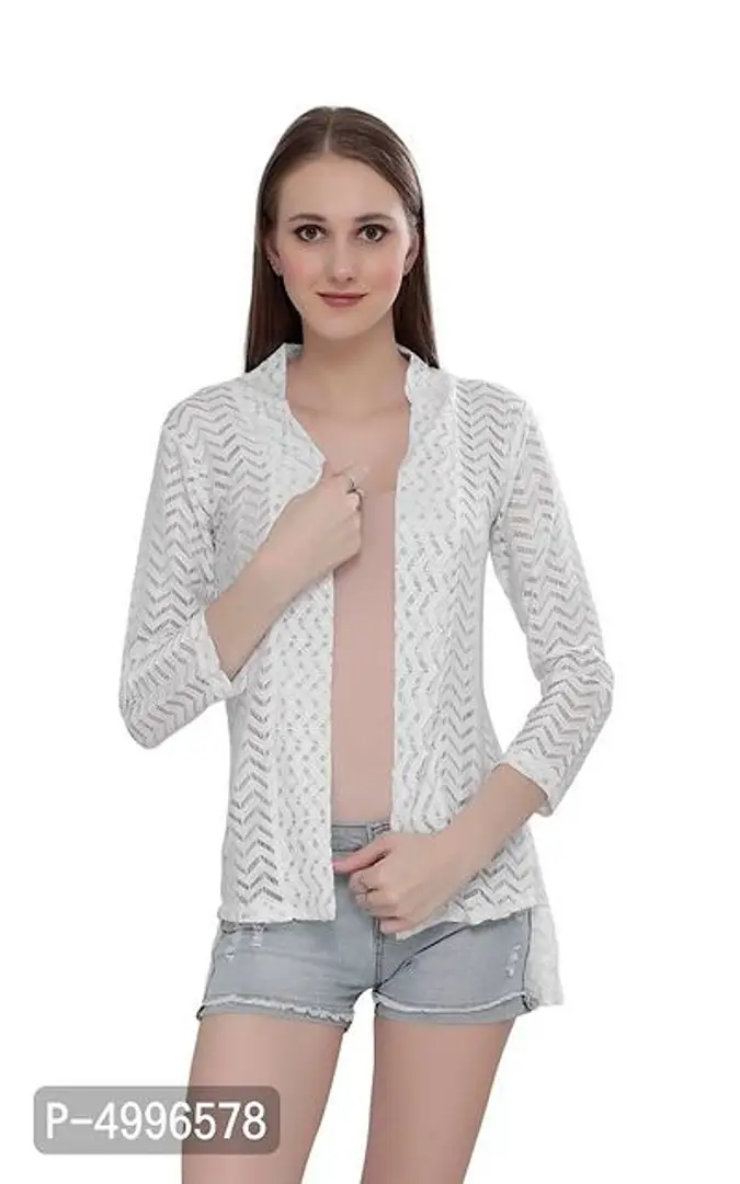 Stylish Net White 3/4Th Sleeve Net High Low White Shrug For Women-thumb0