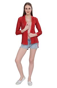 Stylish Net Red 3/4Th Sleeve Net High Low Red Shrug For Women-thumb4