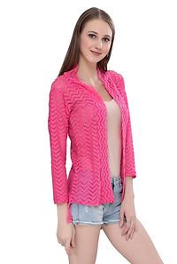 Stylish Net Pink 3/4Th Sleeve Net High Low Pink Shrug For Women-thumb2