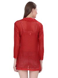 Stylish Net Red 3/4Th Sleeve Net High Low Red Shrug For Women-thumb1