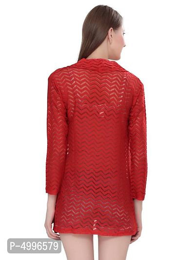 Stylish Net Red 3/4Th Sleeve Net High Low Red Shrug For Women-thumb2