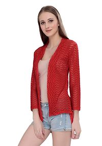 Stylish Net Red 3/4Th Sleeve Net High Low Red Shrug For Women-thumb3