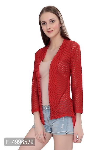 Stylish Net Red 3/4Th Sleeve Net High Low Red Shrug For Women-thumb4