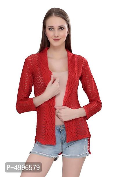 Stylish Net Red 3/4Th Sleeve Net High Low Red Shrug For Women