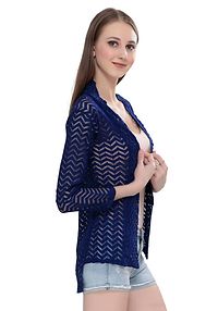 Stylish Net Navy Blue 3/4Th Sleeve Net High Low Navy Blue Shrug For Women-thumb2