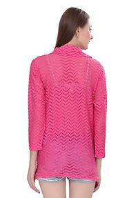 Stylish Net Pink 3/4Th Sleeve Net High Low Pink Shrug For Women-thumb1