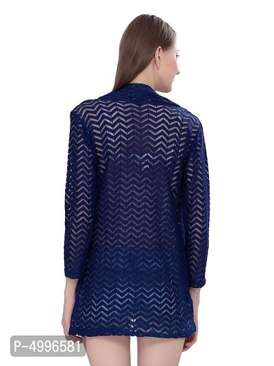 Stylish Net Navy Blue 3/4Th Sleeve Net High Low Navy Blue Shrug For Women-thumb2