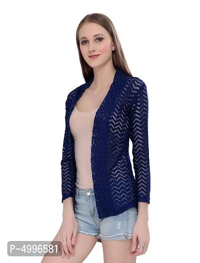 Stylish Net Navy Blue 3/4Th Sleeve Net High Low Navy Blue Shrug For Women-thumb4