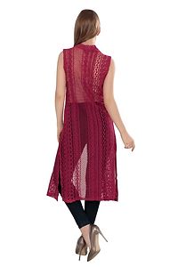 Stylish Net Maroon Sleeveless Solid Net Long Length Stylish Rani Pink Shrug For Women-thumb1