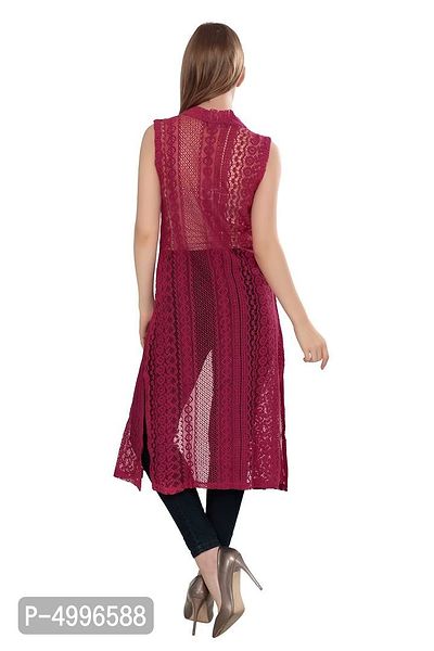 Stylish Net Maroon Sleeveless Solid Net Long Length Stylish Rani Pink Shrug For Women-thumb2