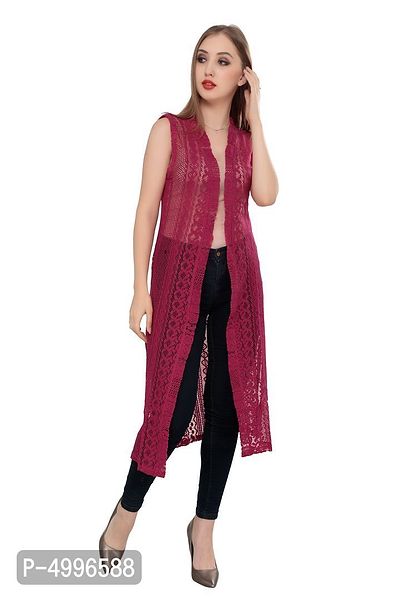 Stylish Net Maroon Sleeveless Solid Net Long Length Stylish Rani Pink Shrug For Women-thumb0