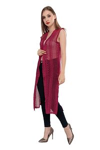 Stylish Net Maroon Sleeveless Solid Net Long Length Stylish Rani Pink Shrug For Women-thumb3