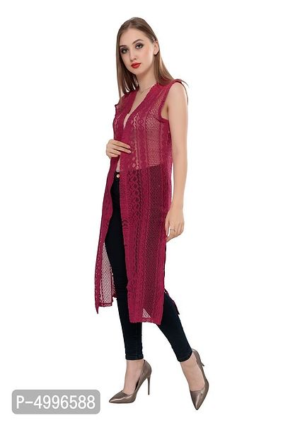 Stylish Net Maroon Sleeveless Solid Net Long Length Stylish Rani Pink Shrug For Women-thumb4