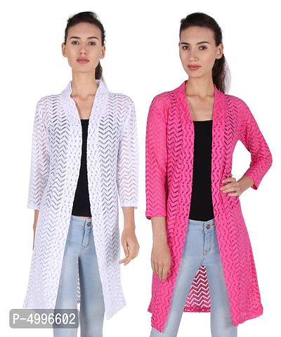 Stylish Net Full Sleeve Long Length White  Rani Pink Combo Shrug For Women (Pack Of 2)