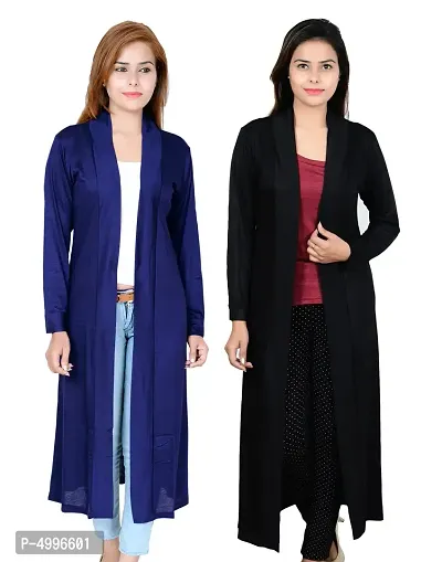 Stylish Cotton Full Sleeve Long Length Black  Navy Blue Combo Shrug For Women (Pack Of 2)