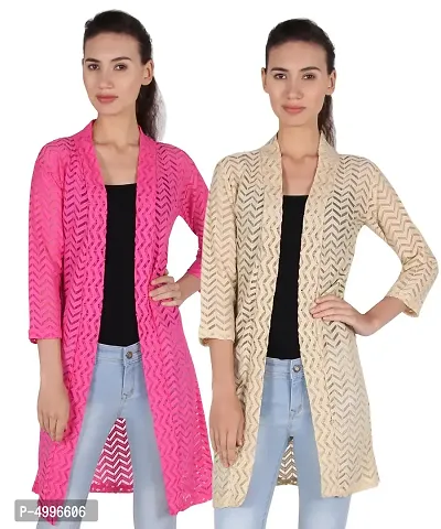 Stylish Net Full Sleeve Long Length Rani Pink  Beige Combo Shrug For Women (Pack Of 2)