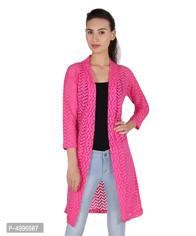 Stylish Net Full Sleeve Long Length Navy Blue  Rani Pink Combo Shrug For Women (Pack Of 2)-thumb2