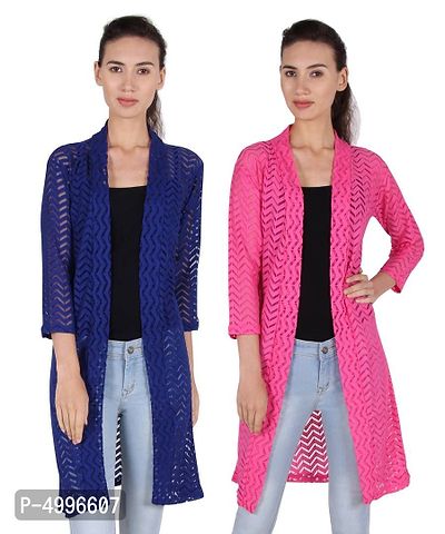 Stylish Net Full Sleeve Long Length Navy Blue  Rani Pink Combo Shrug For Women (Pack Of 2)-thumb0