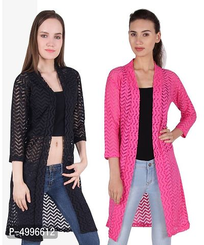 Stylish Net Full Sleeve Long Length Black & Rani Pink Combo Shrug For Women (Pack Of 2)-thumb0