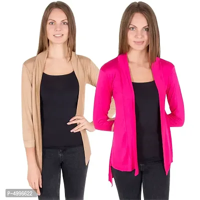Stylish Viscose Full Sleeve Long Length Beige  Blossom Pink Combo Shrug For Women (Pack Of 2)-thumb0
