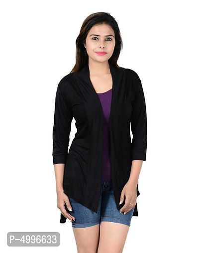 Stylish Viscose Black 3/4Th Sleeve High Low Open Front Shrug  For Women