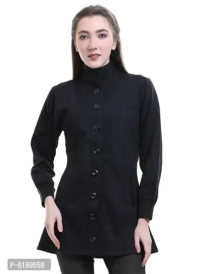 SWEEKASH Women Woollen Solid Round Full Sleeves Casual Buttoned Coat- Black-thumb0