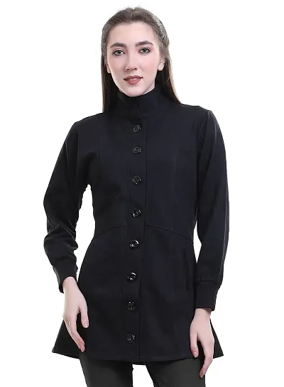 SWEEKASH Women Woollen Solid Round Full Sleeves Casual Buttoned Coat- Black