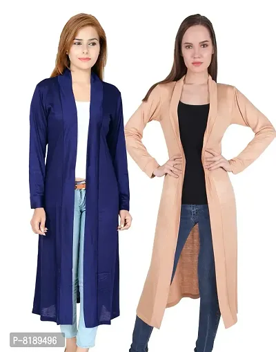 Classic Women Cotton Navy Blue  Beige Shrug Combo Pack of 2