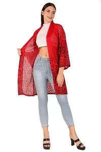 Sweekash 3/4th Sleeve Floral Print Lace Net Above Knee Casual Shrug For Women - Red-thumb4