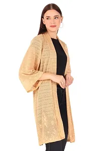 Sweekash 3/4th Sleeve Solid Lace Net Above Knee Casual Shrug For Women - Beige-thumb3