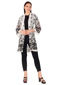 Sweekash 3/4th Sleeve Floral Print Lace Net Above Knee Casual Shrug For Women - White-thumb4