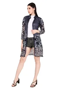 Full Sleeve Knee Length Printed Net Casual Shrug for Women - Navy-thumb1