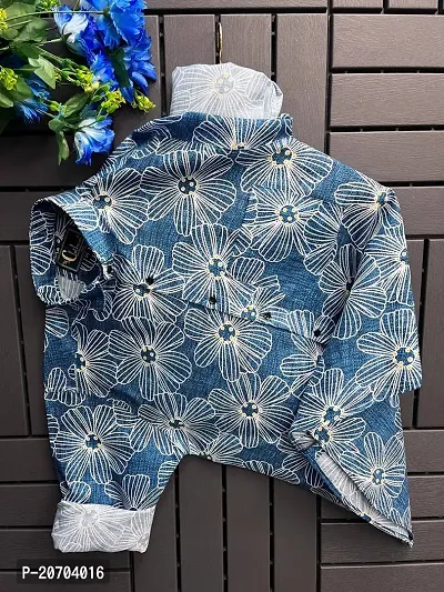 Elegant Cotton Blend Blue Floral Print Long Sleeves Casual Shirt For Men