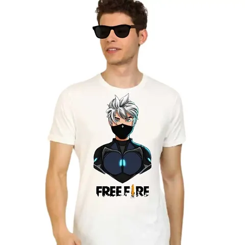 Men's White Cotton Blend Free Fire Printed Round Neck T Shirt