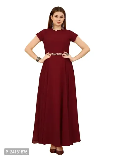 Women's Solid Georgette Plain Embroidery Casual Wear Western Maxi Dress Gown Half Sleeve Solid (3XL, Maroon)