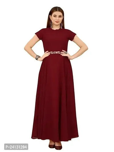 P3 FASHION Women's Solid Georgette Plain Embroidery Casual Wear Western Maxi Dress Gown-thumb0
