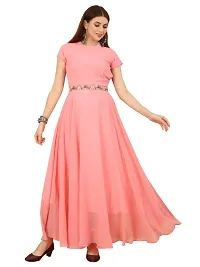 Women's Solid Georgette Plain Embroidery Casual Wear Western Maxi Dress Gown Half Sleeve Solid-thumb2