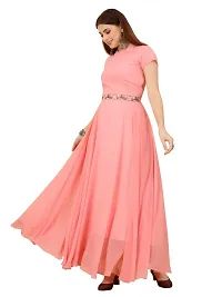 Women's Solid Georgette Plain Embroidery Casual Wear Western Maxi Dress Gown Half Sleeve Solid-thumb3
