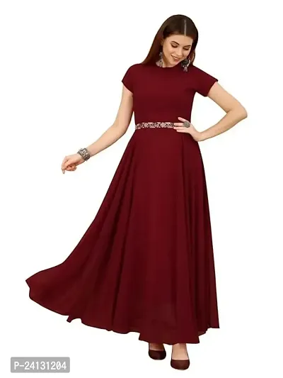 P3 FASHION Women's Solid Georgette Plain Embroidery Casual Wear Western Maxi Dress Gown-thumb5