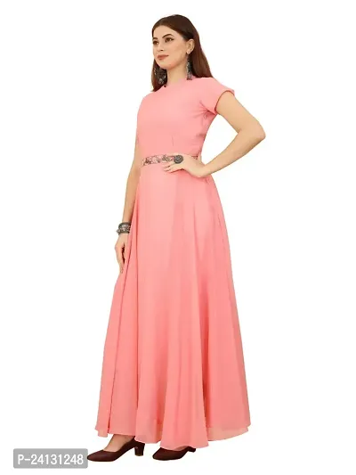 Women's Solid Georgette Plain Embroidery Casual Wear Western Maxi Dress Gown Half Sleeve Solid-thumb5