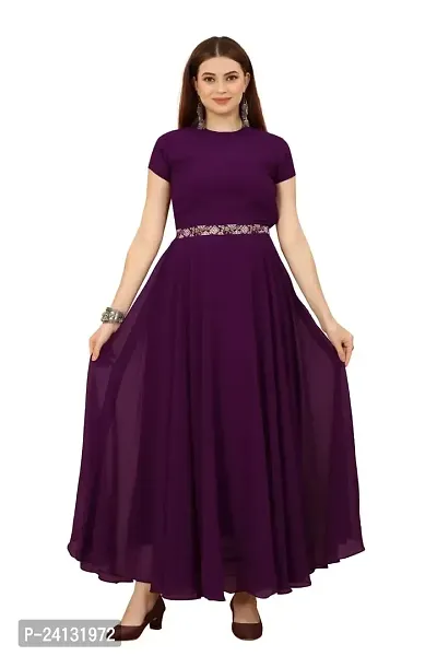 Women's Solid Georgette Plain Embroidery Casual Wear Western Maxi Dress Gown Half Sleeve Solid